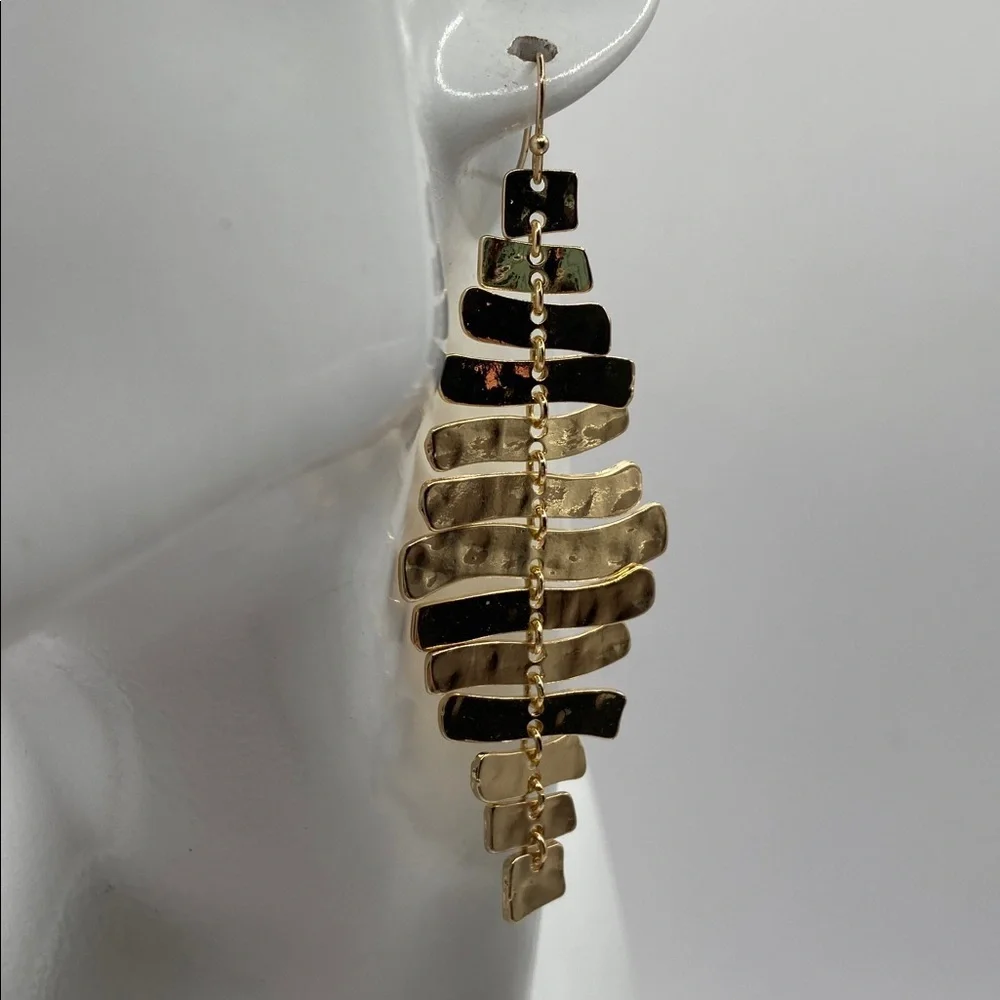 Gold Tone Fishbone Ladder Dangle Earrings Whimsygoth Wedding Guest 3”L